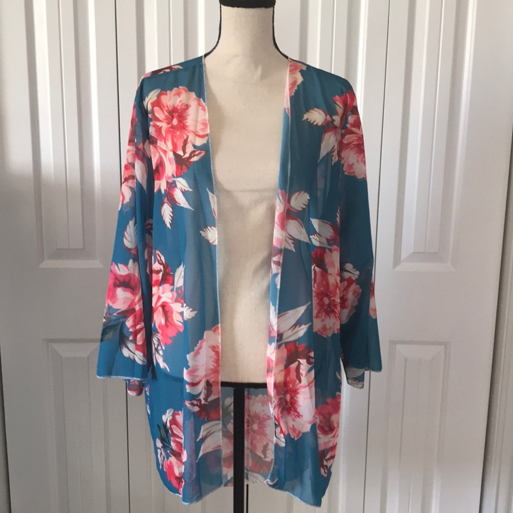 Floral Kimono Cardigan Teal Blue Pink Sheer Open Front Wrap XXXL